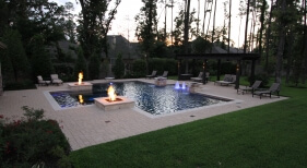 Geometric Pool with Fire Bowls, Water Features, Lights
