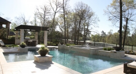 Geometric pool, spa, fountian, outdoor kitchen, fire bowls