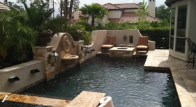 Mediterranean Pool, Small, Water Feature, Fire Pit, Wall, Gas Lanterns