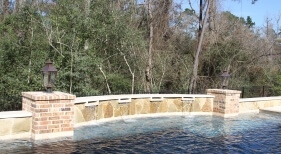Swimming Pool with Waterfall Sheer Descents, Gas Lanterns, Wall