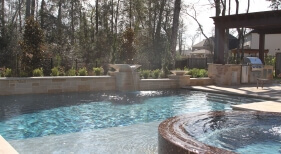 Water Feature, Glass Tile, Spa, Outdoor Kitchen