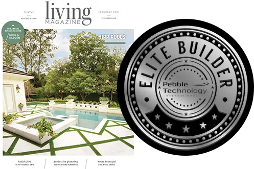 Luxury backyard pool and outdoor living space featured in magazine with Elite Builder award